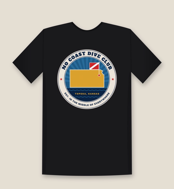 Black No Coast Dive Club t-shirt with Kansas dive flag badge